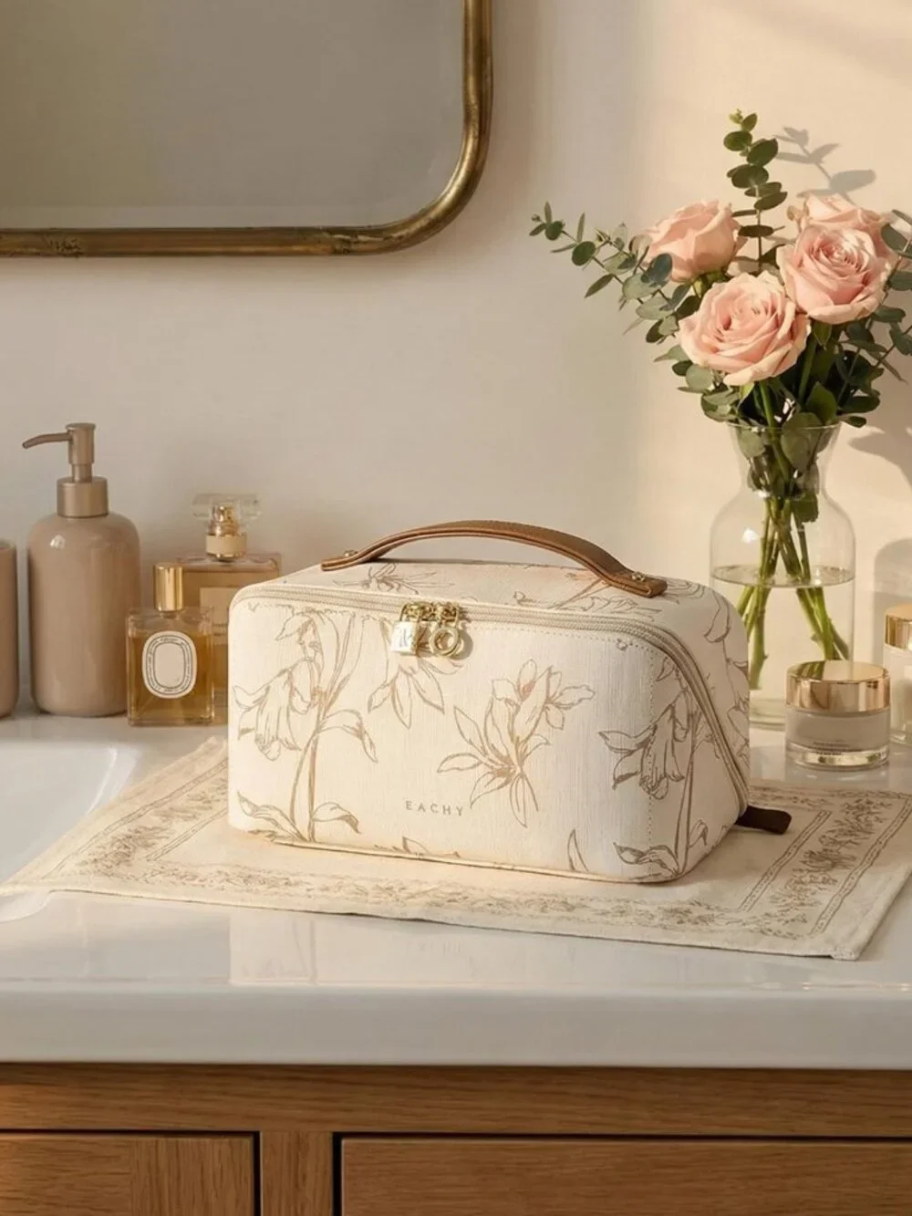 Floral Travel Makeup Bag for Women - Medium Cosmetic Organizer in Beige